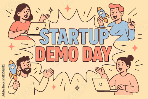 Startup Demo Day banner flat vector illustration bold oversized text inside splash explosion cartoon characters presenting with laptops and rockets pastel trendy palette with #FFDEAD.