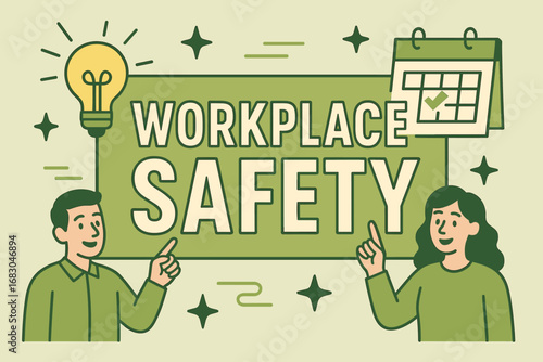 Workplace Safety banner flat vector illustration bold oversized text inside rectangular frame cartoon characters pointing at light bulbs and calendars pastel trendy palette with #88B04B.