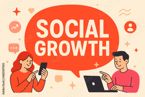 Social Growth banner flat vector illustration bold oversized text inside rounded blob cartoon characters pointing at smartphones and laptops pastel trendy palette with #DD4124 #DC143C.