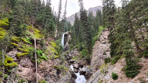 Aerial video of drone flying toward Barskoon waterfall in Kyrgyzstan. The cloudy weather adds drama as the waterfall cascades through fir trees, mossy stones, and a flowing stream.
