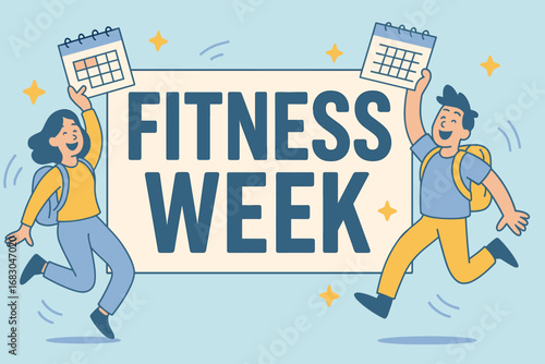Fitness Week banner flat vector illustration bold oversized text inside rectangular frame cartoon characters jumping with calendars and backpacks pastel trendy palette with #AFEEEE #92A8D1.