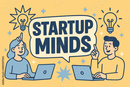 Startup Minds banner flat vector illustration bold oversized text inside outline cartoon characters pointing at light bulbs and laptops pastel trendy palette with #EFC050 #92A8D1 explosion.