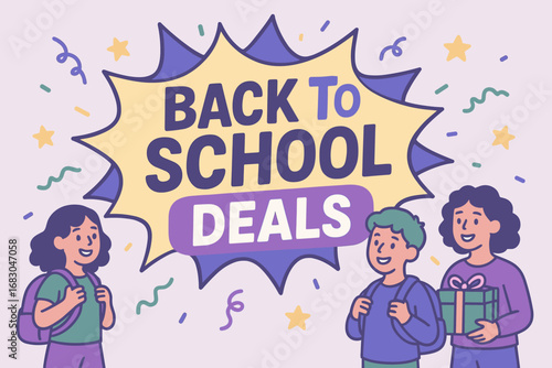 Back to School Deals banner flat vector illustration bold oversized text inside comic burst cartoon characters holding backpacks and gift boxes pastel trendy palette with #5B5EA6 #B565A7.