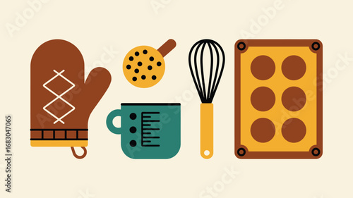 A flat lay illustration of baking tools including oven mitt, measuring cup, whisk and muffin tin