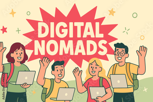 Digital Nomads banner flat vector illustration bold oversized text inside splash explosion cartoon characters waving with laptops and backpacks pastel trendy palette with #DC143C #98FB98.
