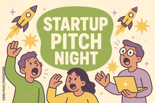 Startup Pitch Night banner flat vector illustration bold oversized text inside rounded blob cartoon characters shouting with rockets and laptops pastel trendy palette with #88B04B #6B5B95.