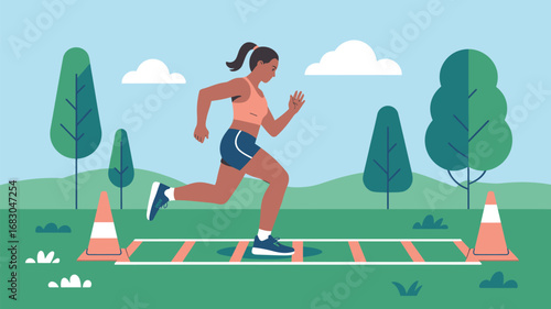 Woman running through agility ladder with cones in a park setting under a cloudy blue sky outdoors