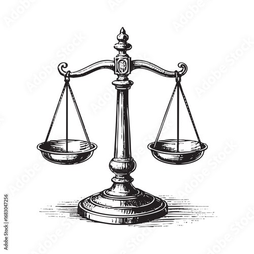 Black and white scales of justice illustration silhouette. in monochrome drawing. black on white line art.