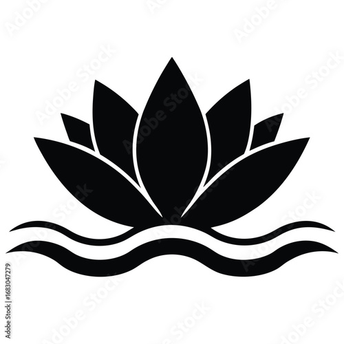 Black lotus flower icon floating on water with waves