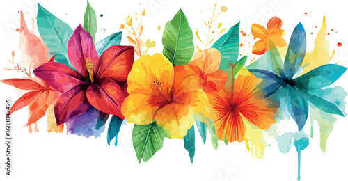 Vibrant watercolor floral arrangement with tropical flowers and leaves