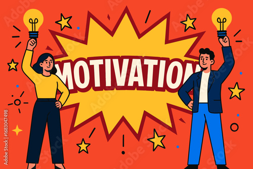 Motivation banner flat vector illustration bold oversized text inside splash explosion cartoon characters standing tall with light bulbs in hand bright solid colors high contrast stars and.