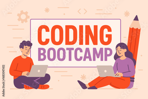 Coding Bootcamp banner flat vector illustration bold oversized text inside rectangular frame cartoon characters sitting with laptops and pencils pastel trendy palette with #DD4124 #B565A7.