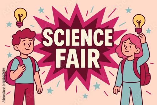 Science Fair banner flat vector illustration bold oversized text inside splash explosion cartoon characters standing with light bulbs and backpacks pastel trendy palette with #C71585.