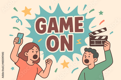 Game On banner flat vector illustration bold oversized text inside splash explosion cartoon characters shouting with smartphones and clapper board pastel trendy palette with #40E0D0 #955251.