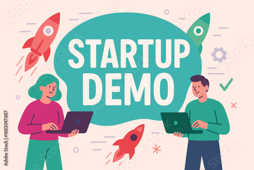 Startup Demo banner flat vector illustration bold oversized text inside rounded blob cartoon characters standing with laptops and rockets pastel trendy palette with #45B8AC #B565A7 #3CB371.