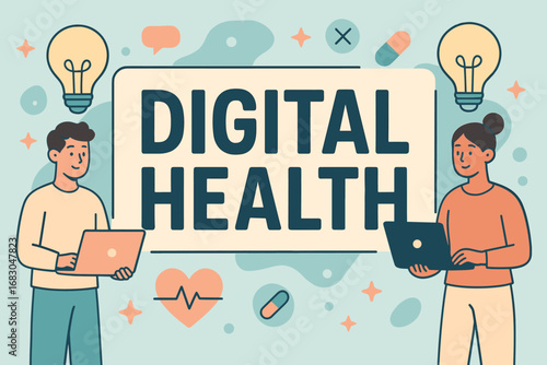 Digital Health banner flat vector illustration bold oversized text inside rectangular frame cartoon characters standing with laptops and light bulbs pastel trendy palette with #B0E0E6.