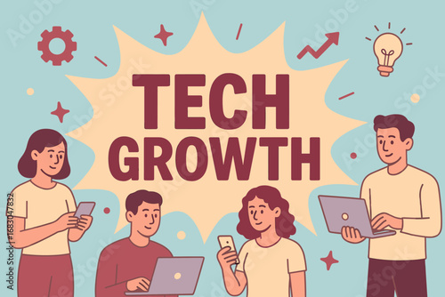 Tech Growth banner flat vector illustration bold oversized text inside splash explosion cartoon characters standing with laptops and smartphones pastel trendy palette with #AFEEEE #F5E6CC.