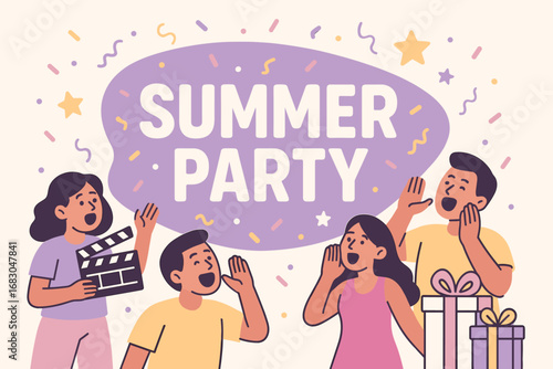 Summer Party banner flat vector illustration bold oversized text inside rounded blob cartoon characters shouting with clapper board and gift boxes pastel trendy palette with #D8BFD8 #B565A7.
