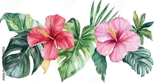 Vibrant watercolor tropical floral arrangement with hibiscus and monstera leaves