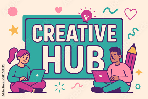 Creative Hub banner flat vector illustration bold oversized text inside rectangular frame cartoon characters sitting with laptops and pencils pastel trendy palette with #009B77 #C71585.
