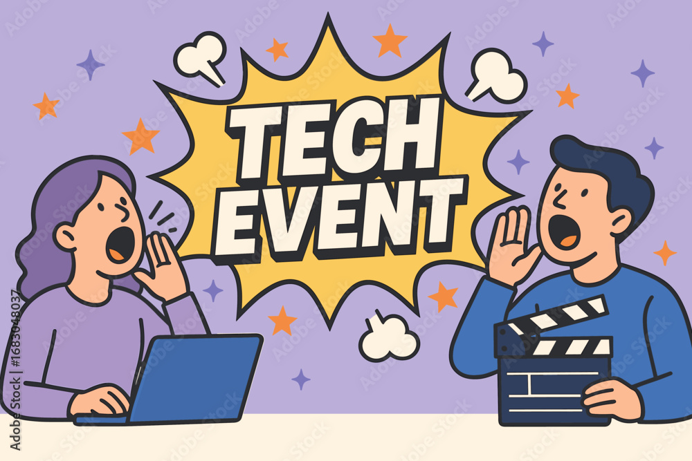 Obraz premium Tech Event banner flat vector illustration bold oversized text inside comic burst cartoon characters shouting with laptops and clapper board pastel trendy palette with #00539C #9370DB.