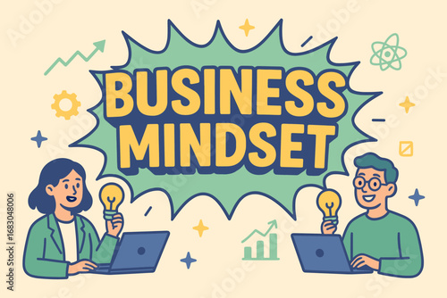 Business Mindset banner flat vector illustration bold oversized text inside comic burst cartoon characters standing with laptops and light bulbs pastel trendy palette with #5B5EA6 #3CB371.