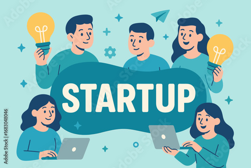 Startup Light banner flat vector illustration bold oversized text inside rounded blob cartoon characters holding light bulbs and laptops pastel trendy palette with #45B8AC #00539C #7BC8F6.