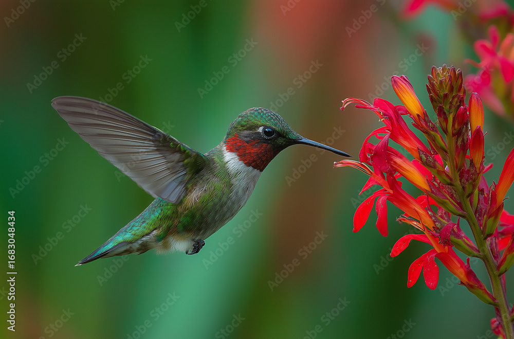 Fototapeta premium A hummingbird hovering near an exotic red flower, hummingbird.