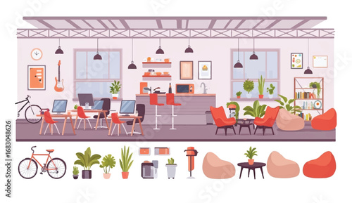 Office room, contemporary shared workspace, co-working space interior construction set with furniture, constructor element to make own environment design. Cartoon flat style infographic illustration