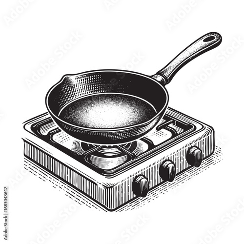 frying pan on stove Black and white engraved ink art