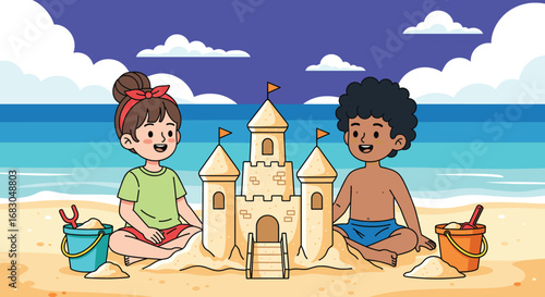 Children building sandcastle on beach with ocean waves, summer sky, teamwork, creativity, outdoor fun, vacation activity, childhood playtime scene