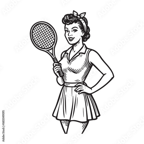 pinup woman holding tennis racket	engraving vector illustration. Scratch board style imitation. Black and white hand drawn image.