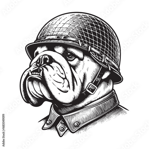 pitbull wear military helmet engraving vector illustration. Scratch board style imitation. 