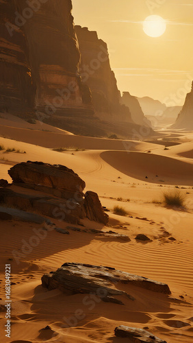An endless golden desert with massive sand dunes, sunlight casting long shadows on rippling sands
