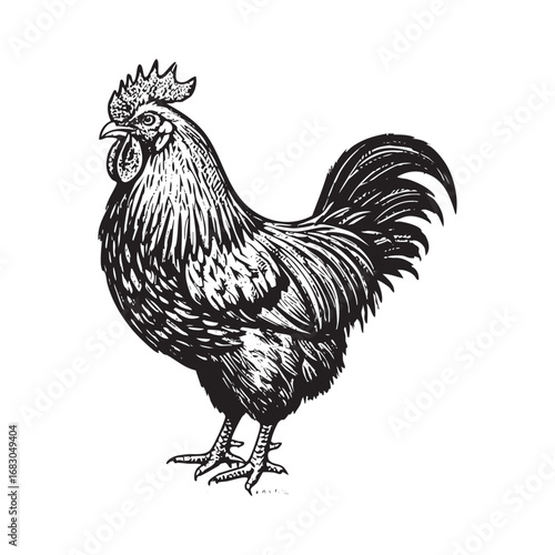 Hand drawn of chicken rooster standing engraving vector illustration. Scratch board style imitation. Black and white hand drawn image.