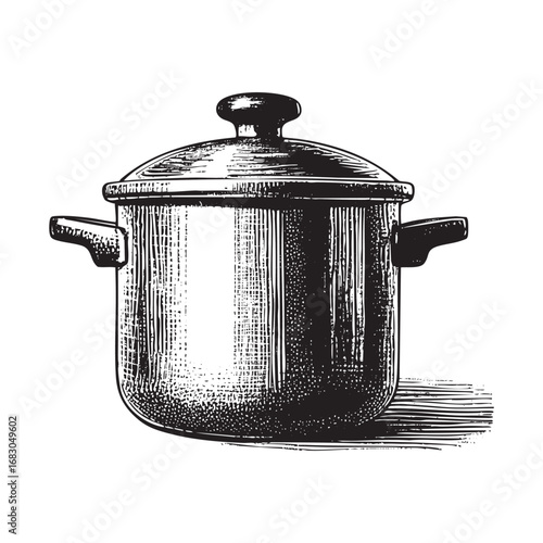 Hand drawn of saucepan engraving vector illustration.