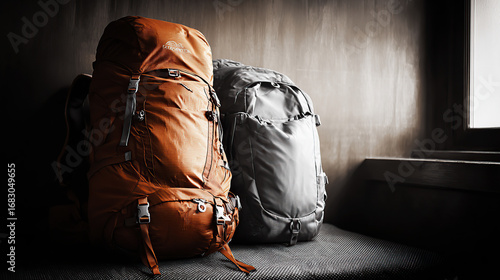 Outdoor backpacks placed on a textured surface near a window with soft sunlight illuminating the room interior