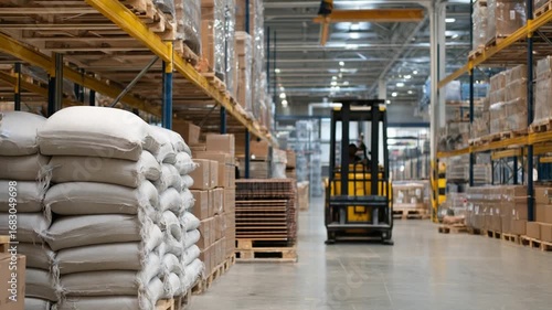 A bustling warehouse aisle stocked with cement bags and rebar mesh, accompanied by the hum of active forklifts.