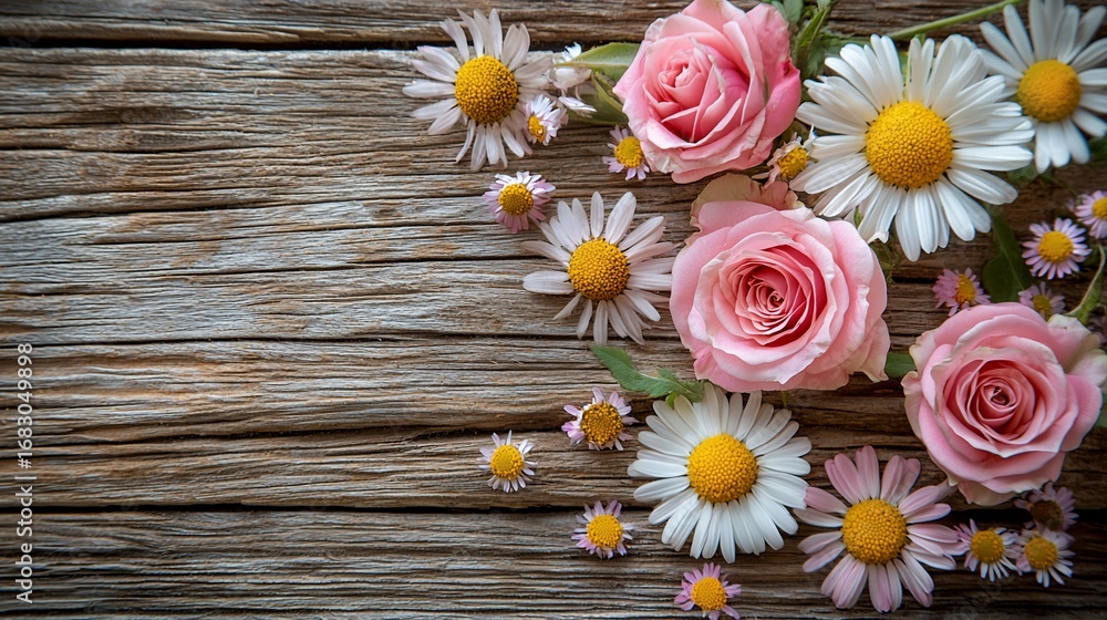 Obraz premium Pink roses & daisies on rustic wood
