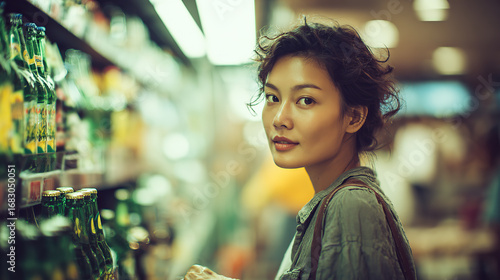 Young woman shopping for beverages in a grocery store during the afternoon