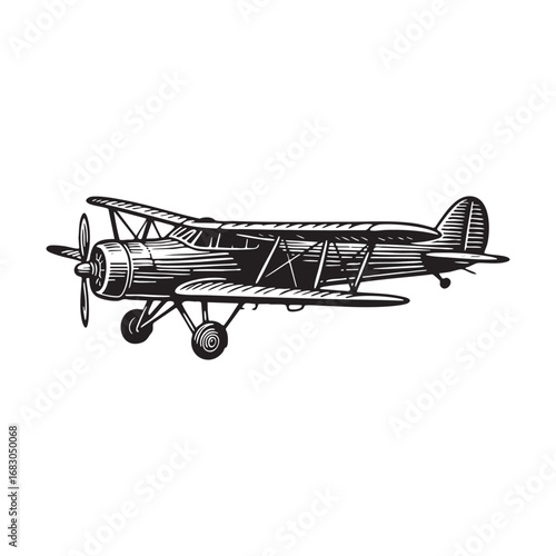 retro airplane flying in the sky in Black and White Detailed Line Art