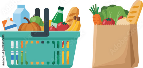Grocery basket and paper bag full of fresh food, healthy vegetables, organic produce, shopping concept, nutrition, market, eco lifestyle, illustration