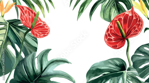 Vibrant red anthurium flowers and lush green tropical leaves border design