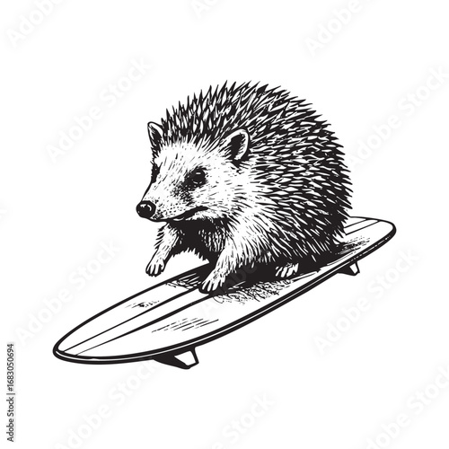 Detailed Black and White Engraving of hedgehog surfing	in monochrome line art drawing style