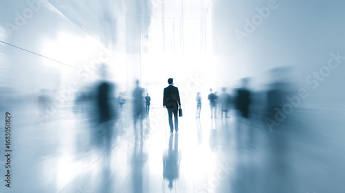 Business professional standing in a busy urban environment with blurred figures in motion around him during a bright day
