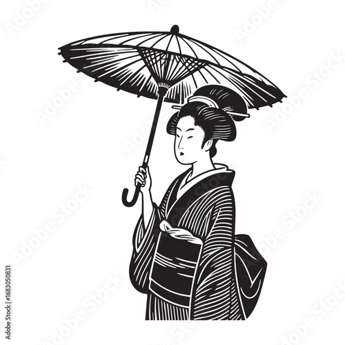 geisha holding umbrella in Detailed Engraving Style Black and White Hand Drawn Sketch