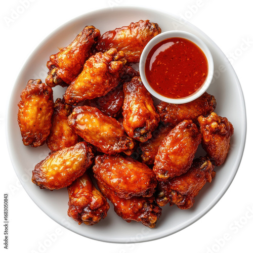 Delicious chicken wings glazed with a spicy sauce served on a white plate with a side of dipping sauce for a tasty appetizer or snack option on transparent background