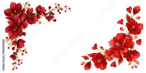 Set of Red flower corner decoration border, floral frame with red flowers isolated on a transparent background