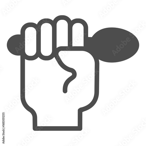 Spoon in hand solid icon, cutlery concept. Vector graphics. Hand with metallic spoon sign on white background, glyph style icon for mobile or web design.