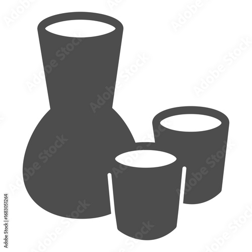 Sake jug and glasses solid icon, japanese beverage line and solid icon. Alcoholic drink, alcohol sign on white background, glyph style icon for mobile or web design.